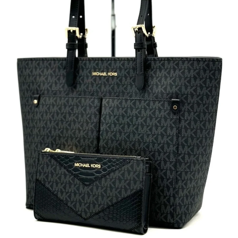 Michael Kors Jet Set Medium Pocket Tote Bag & Double Zip Wallet Black Signature